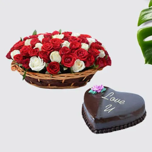 Ravishing Basket of 75 Mixed Roses with Heart Chocolate Cake
