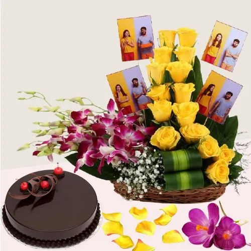 Superb Arrangement of Personalized Photos n Mixed Flowers with Truffle Cake