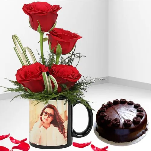 Splendid Red Roses in Personalized Photo Mug with Chocolate Cake