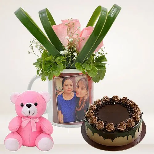 Alluring Roses in Personalized Photo Mug with Chocolate Cake n Cute Teddy