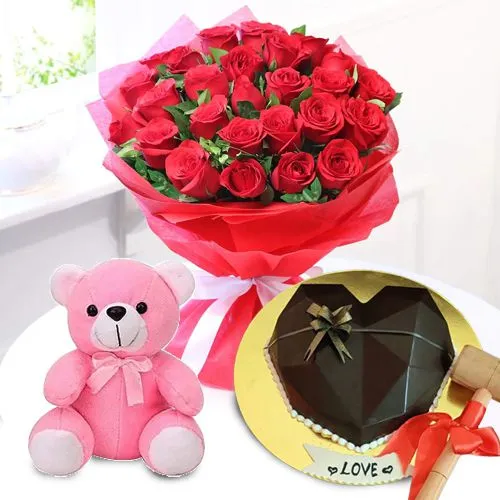 Beautiful Gift of Red Roses Bouquet, Hearty Chocolate Pinata Cake n Teddy	