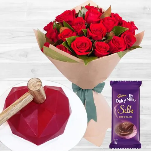 V-day Gift of Bleeding Love Smash Cake, Red Roses Bouquet n Cadbury Silk   	