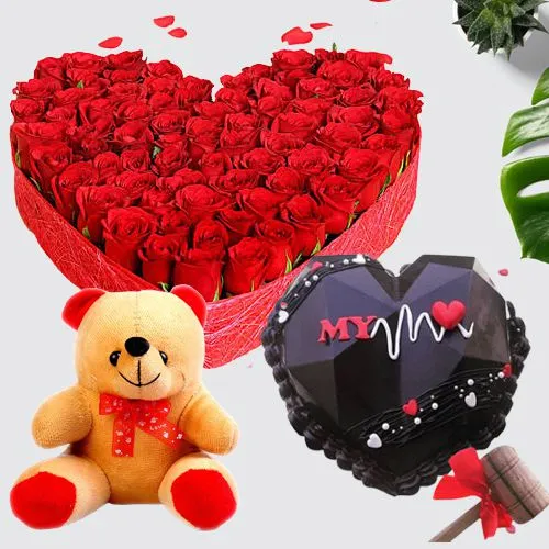 My Love Line Hearty Rose Bouquet N Chocolaty Love Hammer Cake with Teddy