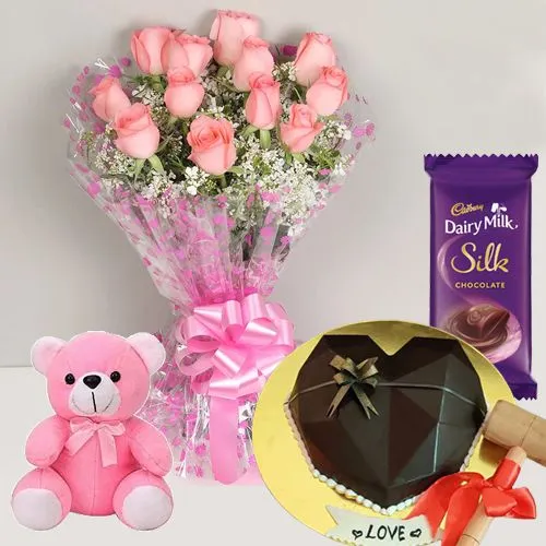 Chocolaty Heart Hammer Cake, Pink Roses Bouquet, Cadbury Silk n Teddy Gift Combo