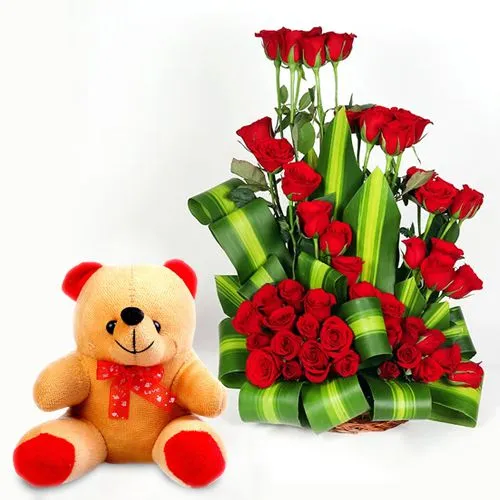 Mesmerizing Red Roses Arrangement n Soft Teddy Combo