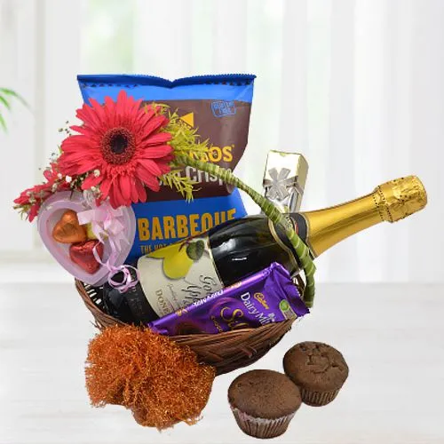 Impressive Gift of Gourmets n Fruit Wine in Floral Basket for Valentine