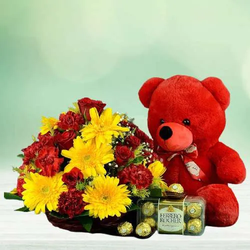 Colors Galore Floral Bouquet with Ferrero Rocher n Teddy Combo