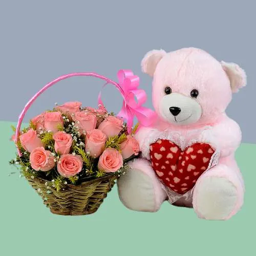 Amazing Pink Roses Basket with Flirty Teddy