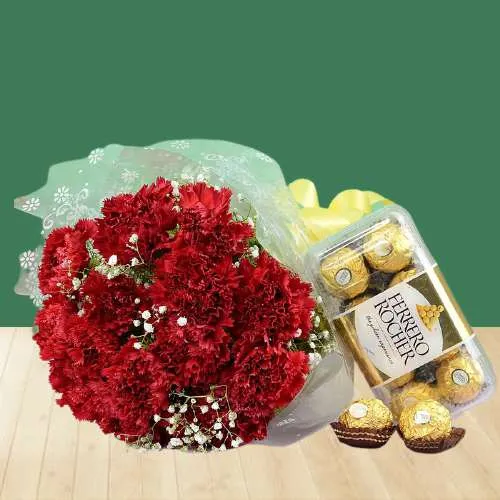 Spectacular Red Carnation Bunch n Ferrero Rocher Combo