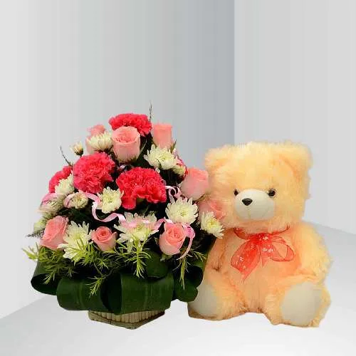 Ravishing Mixed Blooms Basket with a Soft Cream Teddy