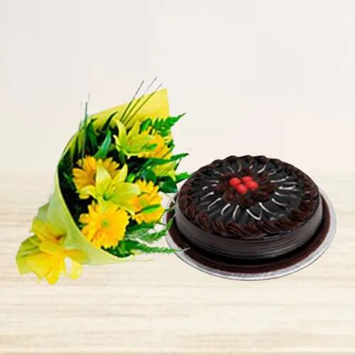 Expressive Bunch of Gerberas n Lilies with Chocolate Cake
