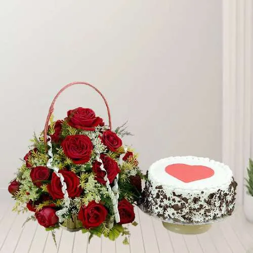 Pristine Red Roses Basket with Black Forest Cake Combo