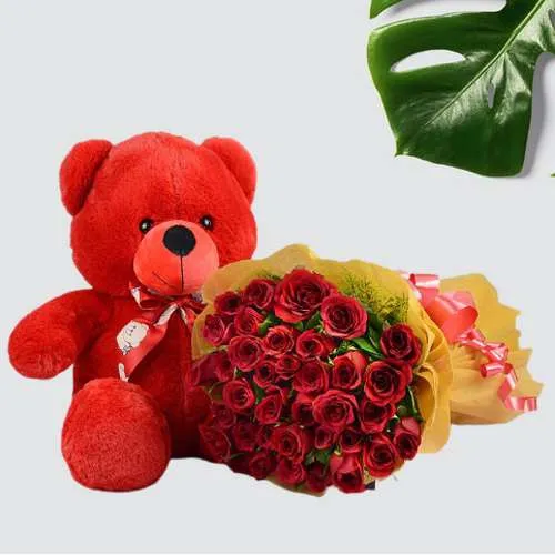 Alluring Red Roses Bouquet with Cute Red Teddy