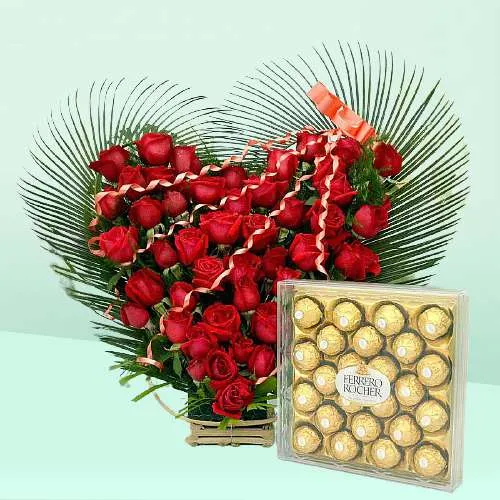 Delightful Red Roses Hearty Basket with Ferrero Rocher
