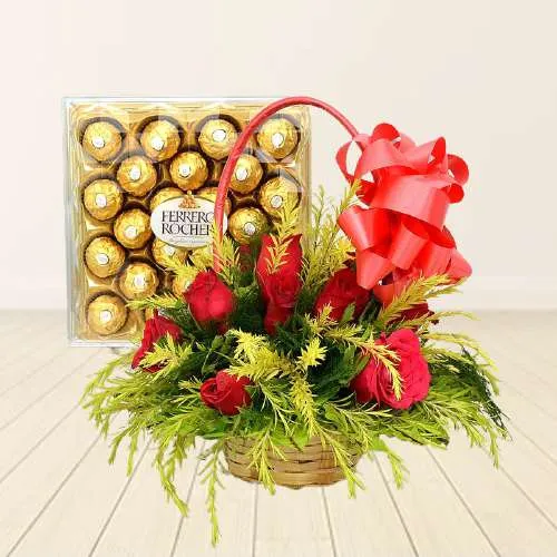 Soothing Red Roses Basket with Ferrero Rocher
