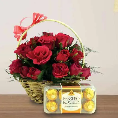 Expressive Red Roses Basket with Ferrero Rocher