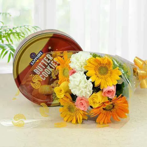 Pristine Mixed Flowers Bouquet with Danish Butter Cookies