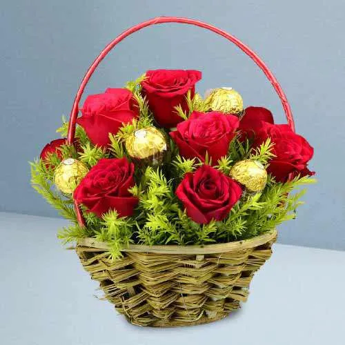 Delightful Red Roses n Ferrero Rocher Basket