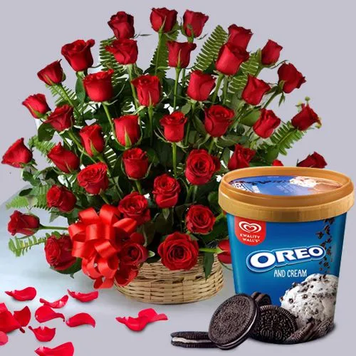 Radiant Basket of 100 Red Roses with Kwality Walls Oreo Ice Cream