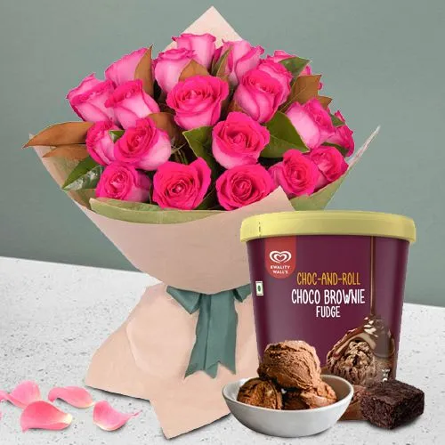 Beautiful Pink Roses Bouquet with Kwality Walls Choco Brownie Fudge Ice Cream