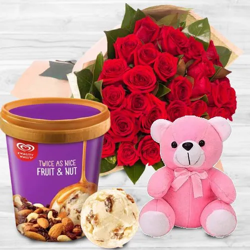 Beautiful Red Roses Bouquet with Kwality Walls Twin Flavor Ice Cream n Teddy