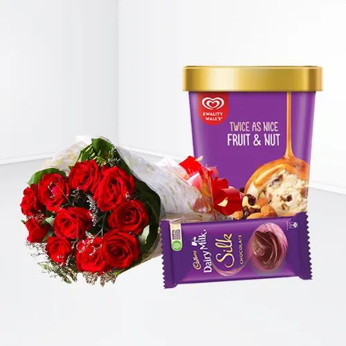 Captivating Red Roses Bouquet with Kwality Walls Twin Flavor Ice Cream n Cadbury Chocolate