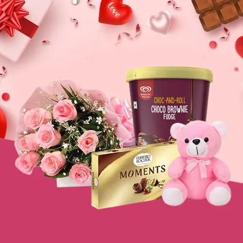 Pristine Pink Roses n Kwality Walls Choco Brownie Ice Cream with Ferrero Moments n Teddy