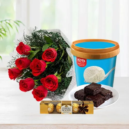 Radiant Red Roses n Kwality Walls Vanilla Ice Cream with Brownie n Ferrero Rocher