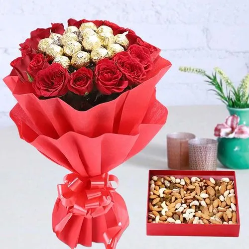 Elegant Combo of Red Roses n Ferrero Rocher Bouquet with Dry Fruits Box