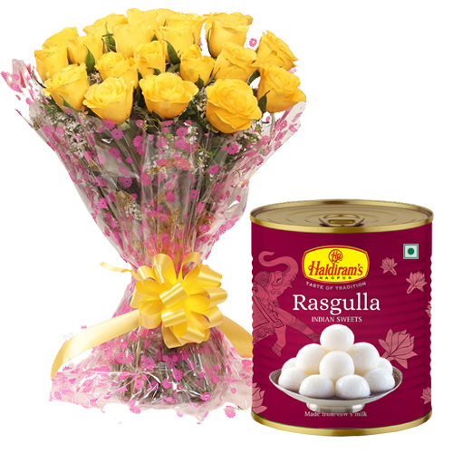 Graceful Yellow Rose Bouquet with Moms Delight Haldiram Rasgulla