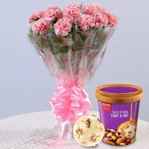 Fresh Pink Carnations Bouquet with Fruit n Nut Ice-Cream from Kwality Walls