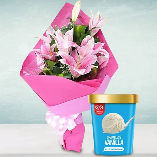 Enchanting Pink Lilies Bouquet with Vanilla Ice Cream from Kwality Walls