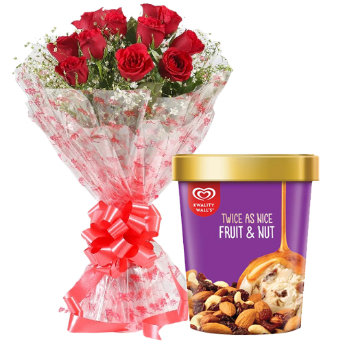 Delightful Red Roses Bouquet with Fruit n Nut Ice-Cream from Kwality Walls