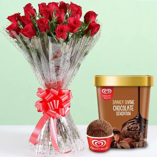 Gorgeous Red Rose Bouquet with Chocolate Ice-Cream from Kwality Walls