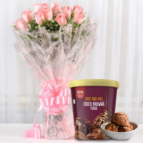 Exclusive Pink Roses Bouquet with Choco Brownie Fudge Ice Cream from Kwality Walls