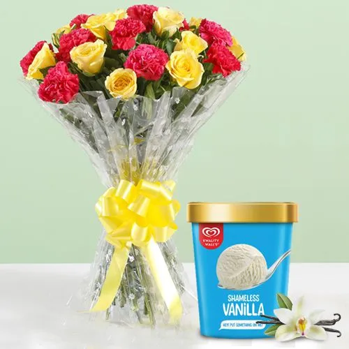 Mesmerizing Mixed Flowers Arrangement with Vanilla Ice Cream from Kwality Walls