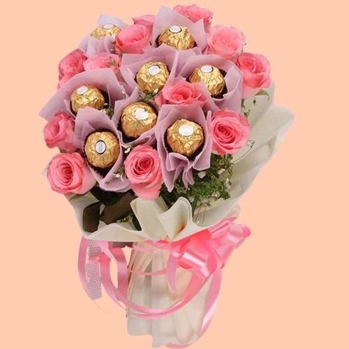 Classy Mothers Day Special Ferrero Rocher N Pink Rose Bouquet 	