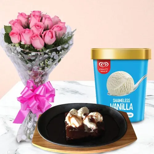 Elegant Pink Roses with Chocolate Brownie n Kwality Walls Ice Cream