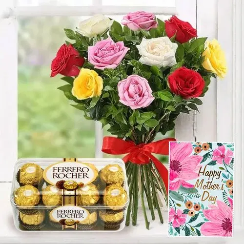 Fabulous Bunch of Mixed Roses with Ferrero Rocher and Mother Day Card