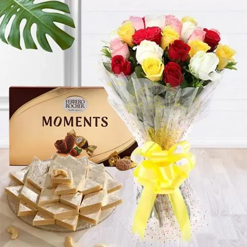 Breathtaking Roses with Kaju Barfi n Ferrero Rocher Moments