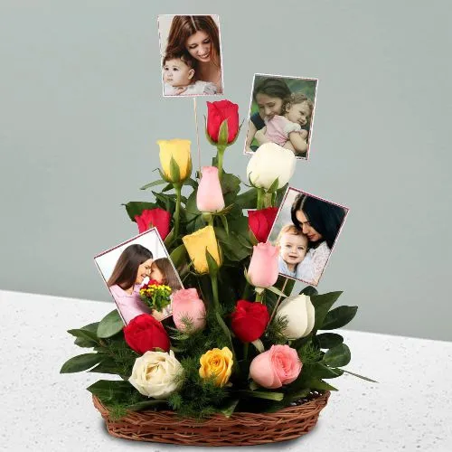 Lovely Mixed Roses N Personalized Photo Basket