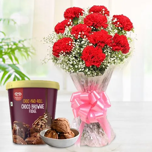 Enchanting Red Carnation Bouquet With Kwality Walls Choco Brownie Fudge Ice Cream