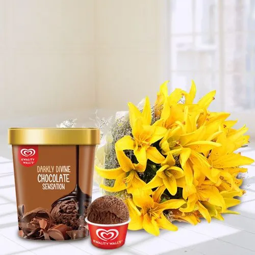 Classic Yellow Lily Bouquet with Chocolate Ice-Cream from Kwality Walls