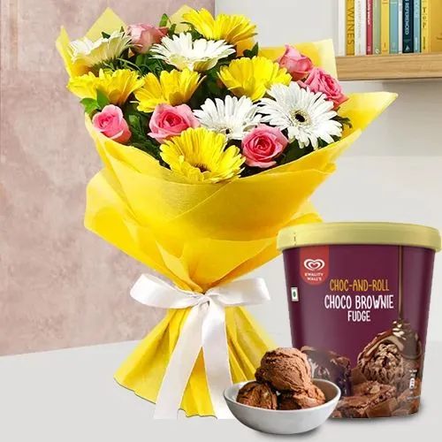 Beautiful Mixed Flower Arrangement with Choco Brownie Fudge Ice Cream from Kwality Walls
