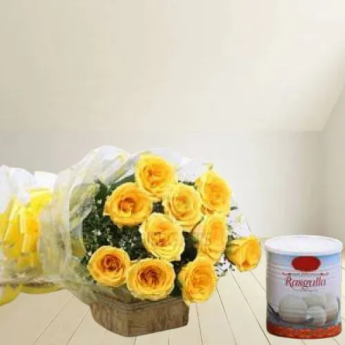 Glorious Bouquet of Yellow Roses with Pack of Haldiram Rasgulla
