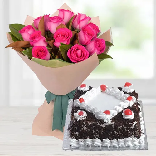 Order Online Pink Roses Bunch with Black Forest Cake