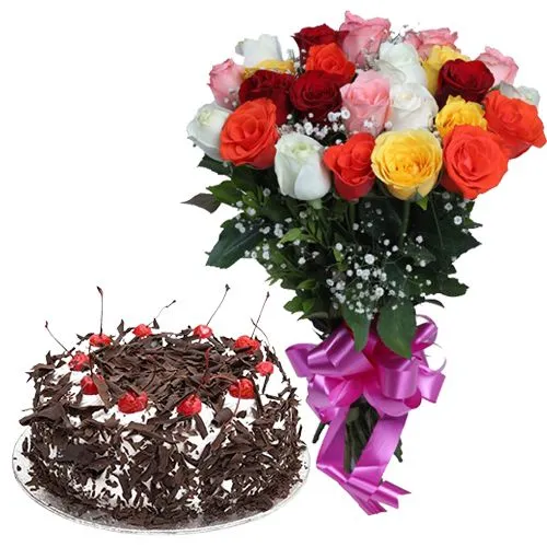 Send Online Mixed Roses Bunch with Black Forest Cake