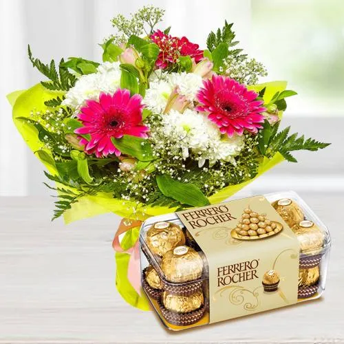 Send Seasonal Flower Bouquet with Ferroro Rocher 16 pcs Box