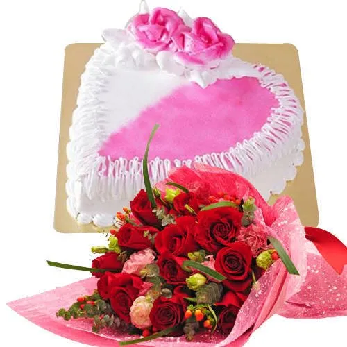 Order Red Roses Bouquet with Cake Online