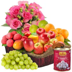 Mixed Fresh Fruits Basket with Haldiram Rasgulla and Rose Bouquet